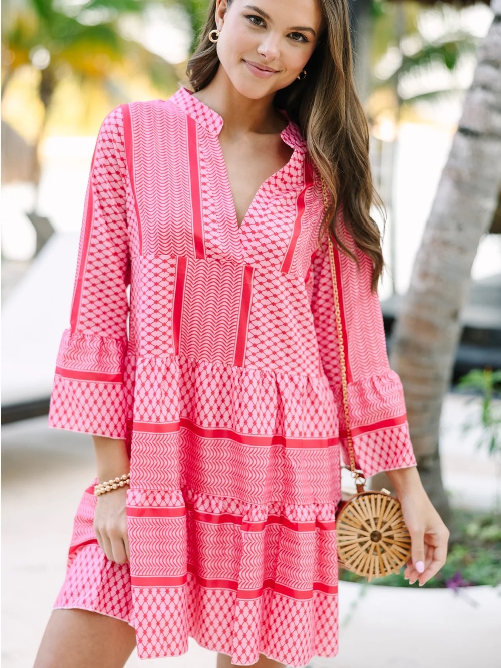 Made with Love Red and Pink Patterned Tiered V-Neck Mini Dress Size S